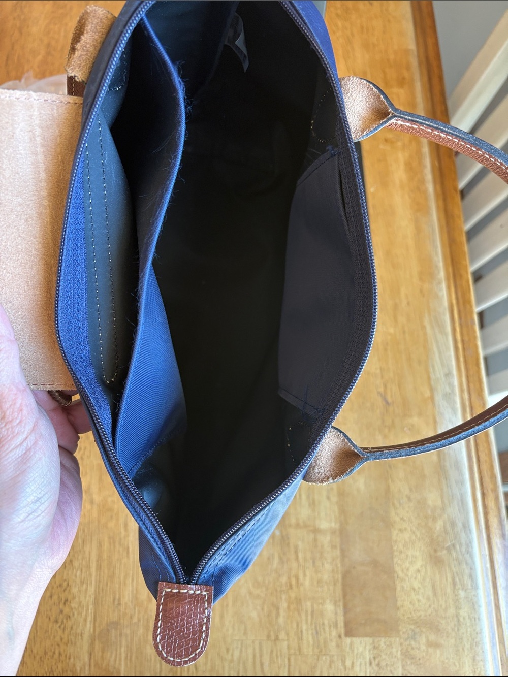 Longchamp Navy and Brown Small Le Pliage Top-Handle Tote - Picture 6 of 8